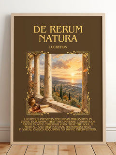De Rerum Natura Minimalist Book Poster by Lucretius – framed print leaning on a wooden floor