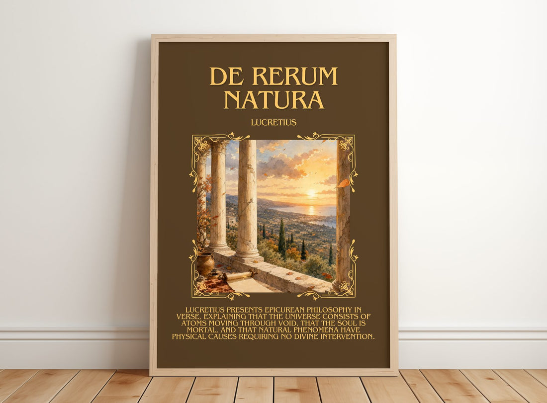 De Rerum Natura Minimalist Book Poster by Lucretius – framed print leaning on a wooden floor