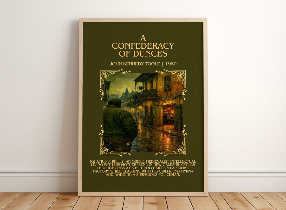 A Confederacy of Dunces Minimalist Book Poster by John Kennedy Toole – framed print leaning on a wooden floor