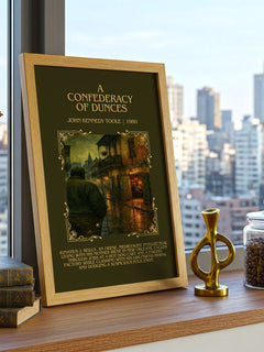 A Confederacy of Dunces Minimalist Book Poster by John Kennedy Toole – framed print on a city-view windowsill