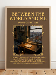 Between the World and Me Minimalist Book Poster by Ta-Nehisi Coates – framed print leaning on a wooden floor