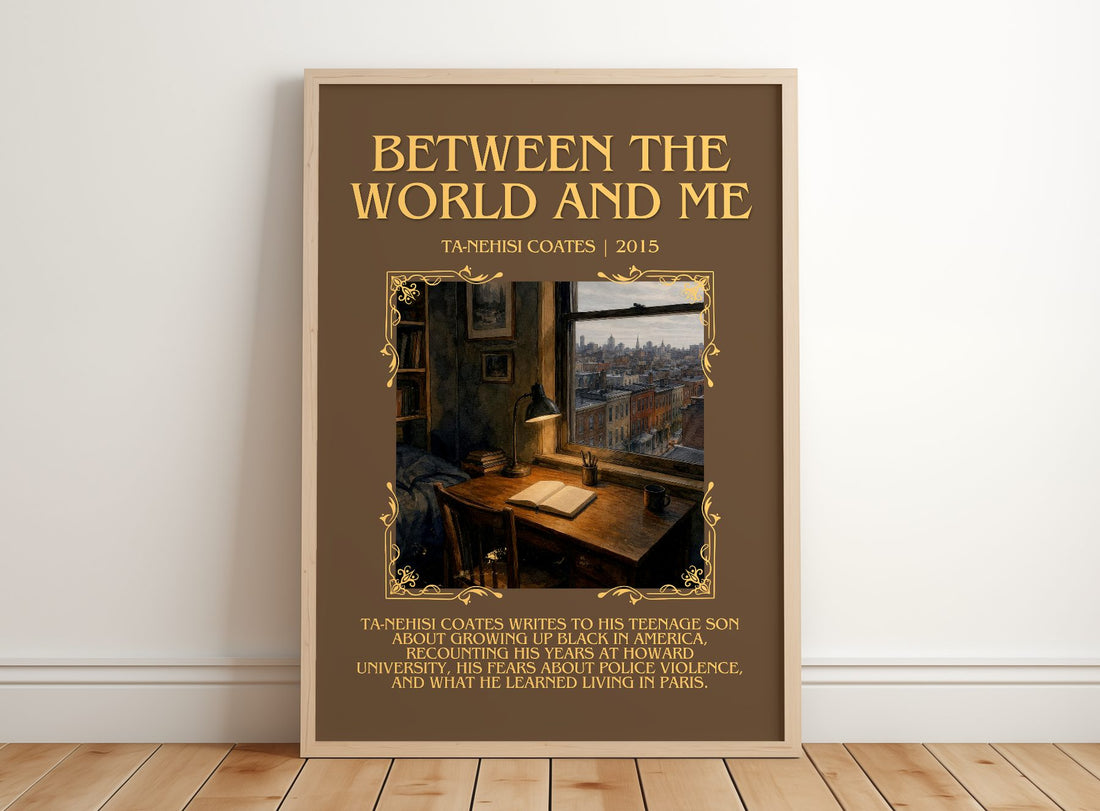 Between the World and Me Minimalist Book Poster by Ta-Nehisi Coates – framed print leaning on a wooden floor