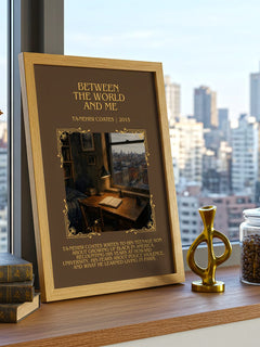 Between the World and Me Minimalist Book Poster by Ta-Nehisi Coates – framed print on a city-view windowsill