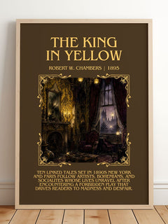 The King In Yellow Minimalist Book Poster by Robert W. Chambers – framed print leaning on a wooden floor
