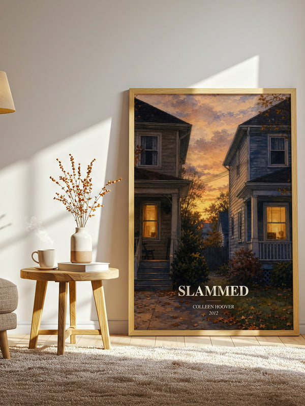 Slammed watercolour print in frame leaning in hallway – contemporary fiction wall art