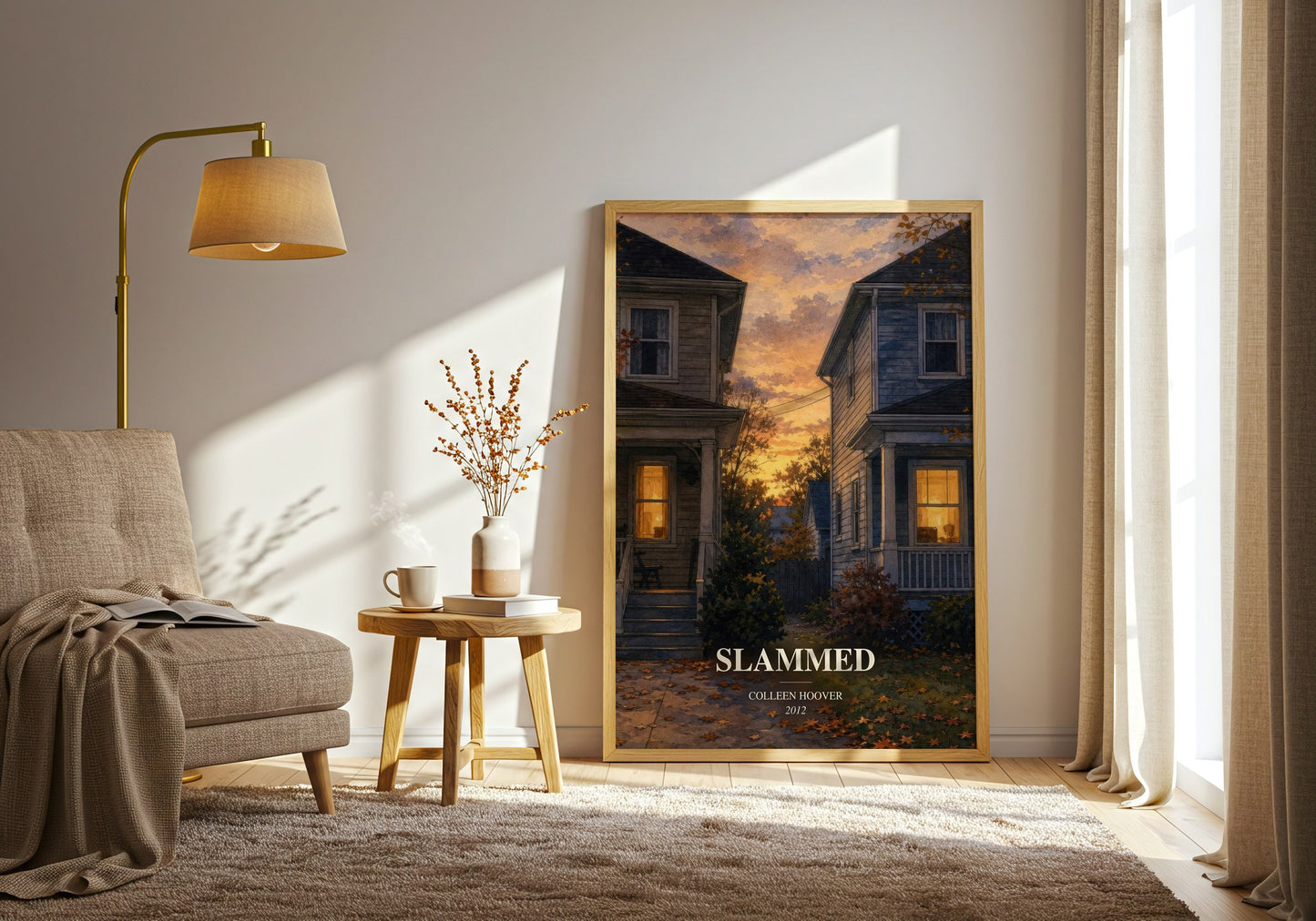 Slammed watercolour print in frame leaning in hallway – contemporary fiction wall art