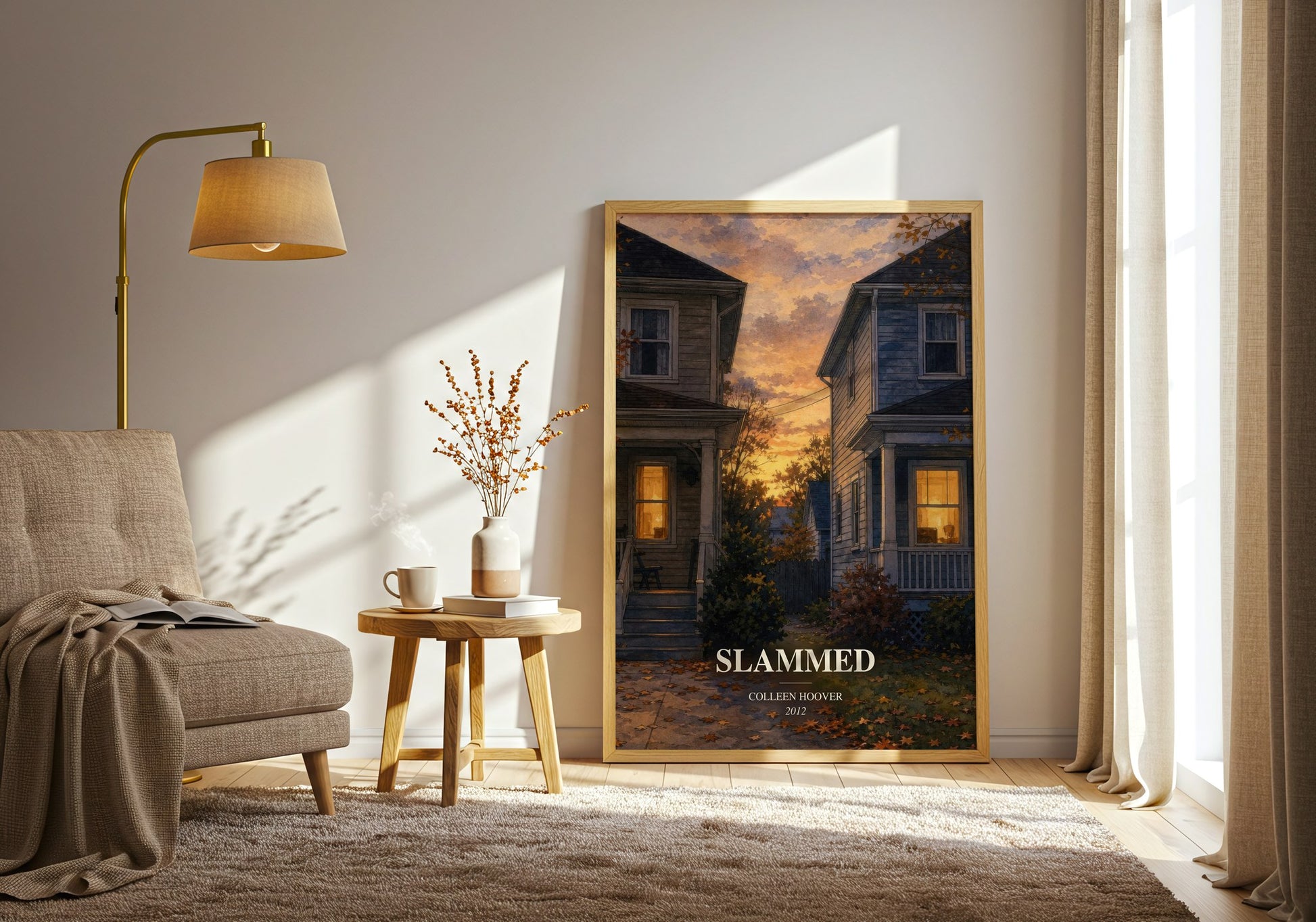 Slammed watercolour print in frame leaning in hallway – contemporary fiction wall art