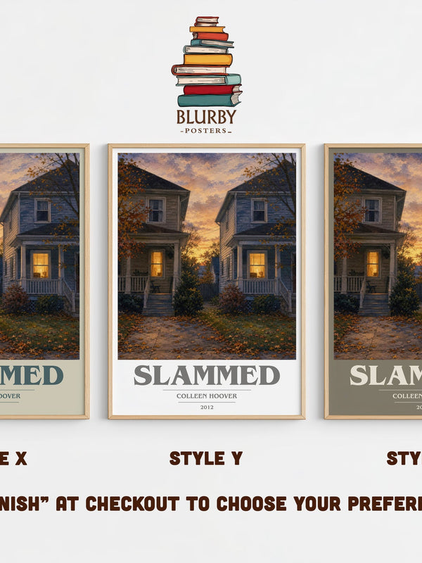 Slammed book cover print in frame leaning in hallway – contemporary fiction wall art