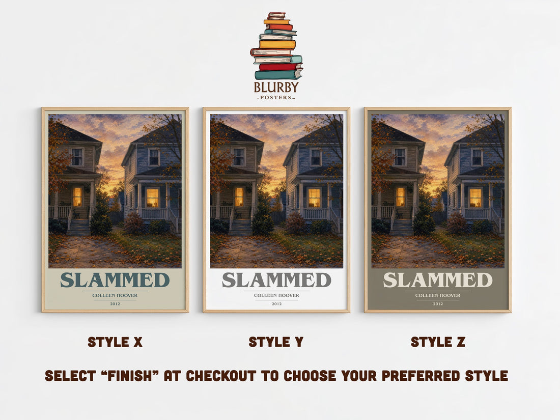 Slammed book cover print in frame leaning in hallway – contemporary fiction wall art (mockup)