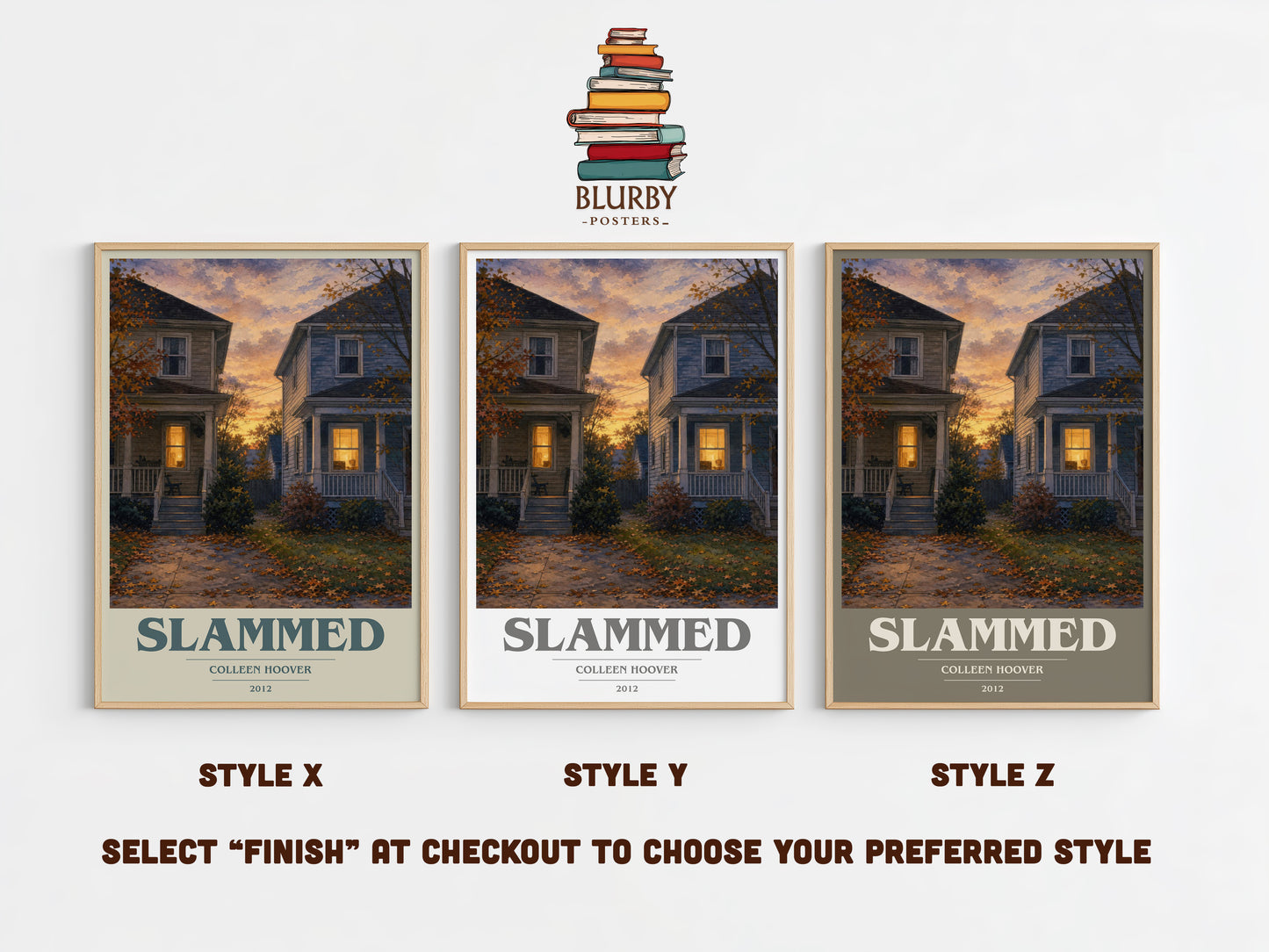 Slammed book cover print in frame leaning in hallway – contemporary fiction wall art