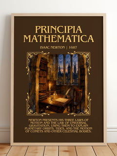 Principia Mathematica Minimalist Book Poster by Isaac Newton – framed print leaning on a wooden floor