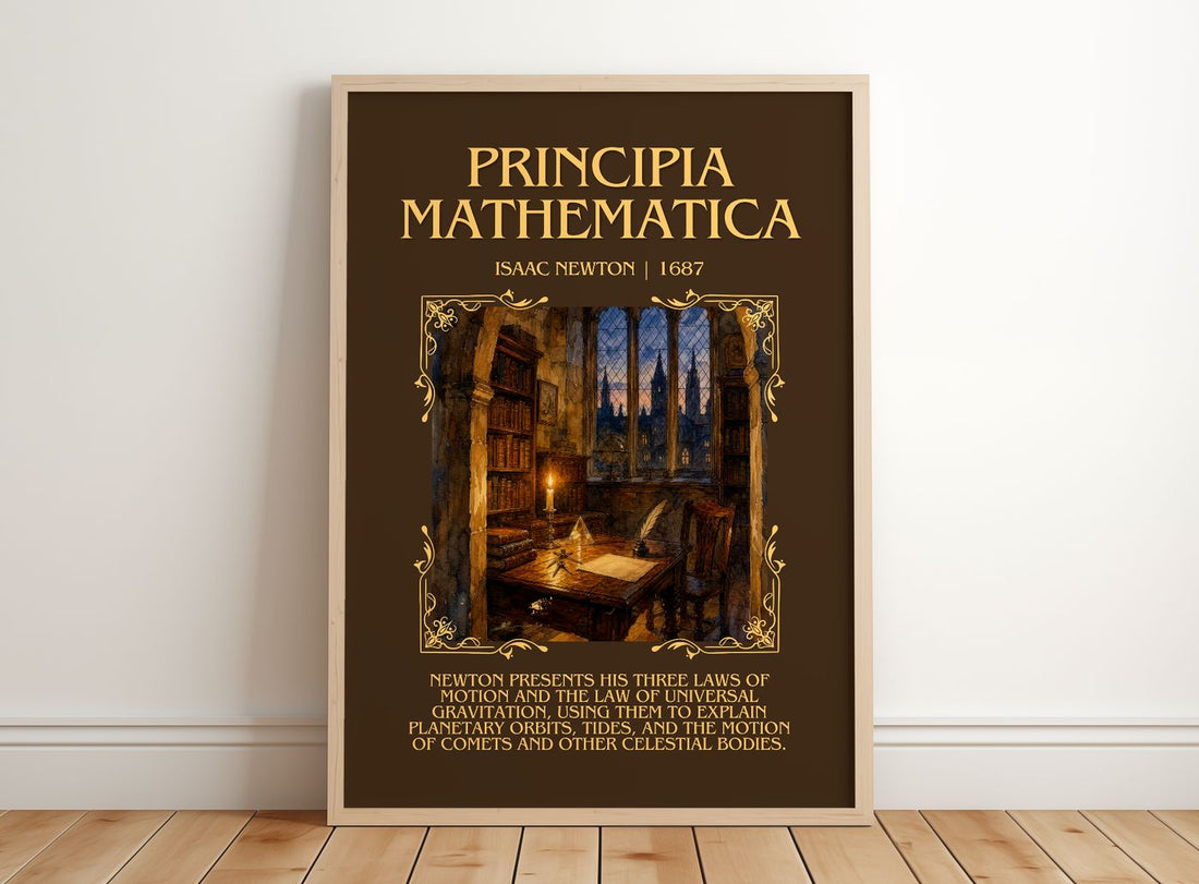 Principia Mathematica Minimalist Book Poster by Isaac Newton – framed print leaning on a wooden floor