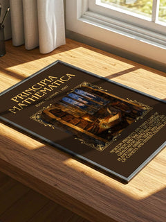 Principia Mathematica Minimalist Book Poster by Isaac Newton – print on a sunlit desk