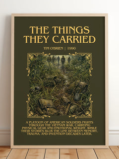 The Things They Carried Minimalist Book Poster by Tim O'Brien – framed print leaning on a wooden floor