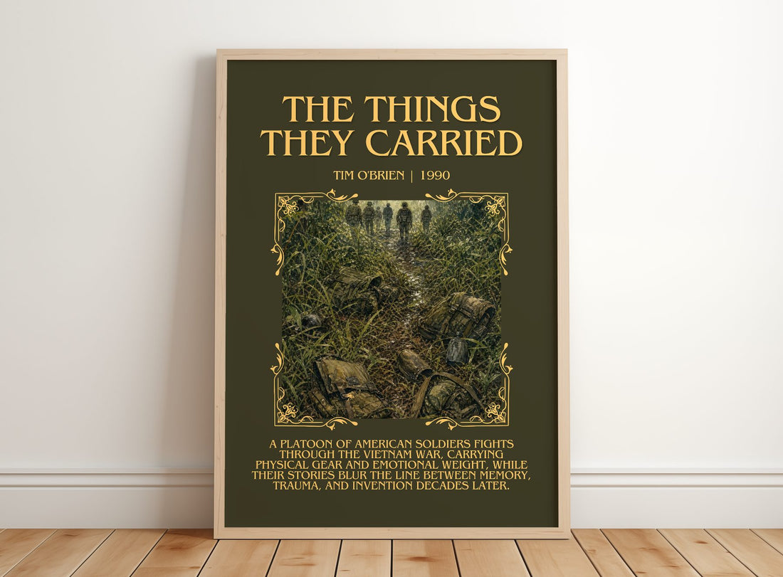 The Things They Carried Minimalist Book Poster by Tim O'Brien – framed print leaning on a wooden floor