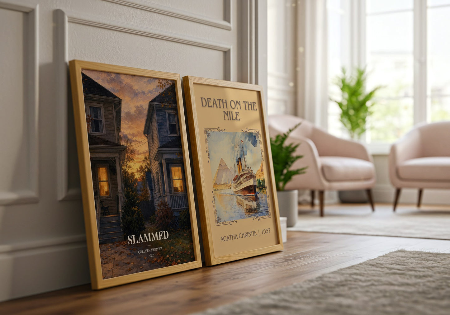 Slammed watercolour print framed by window – literary home decor