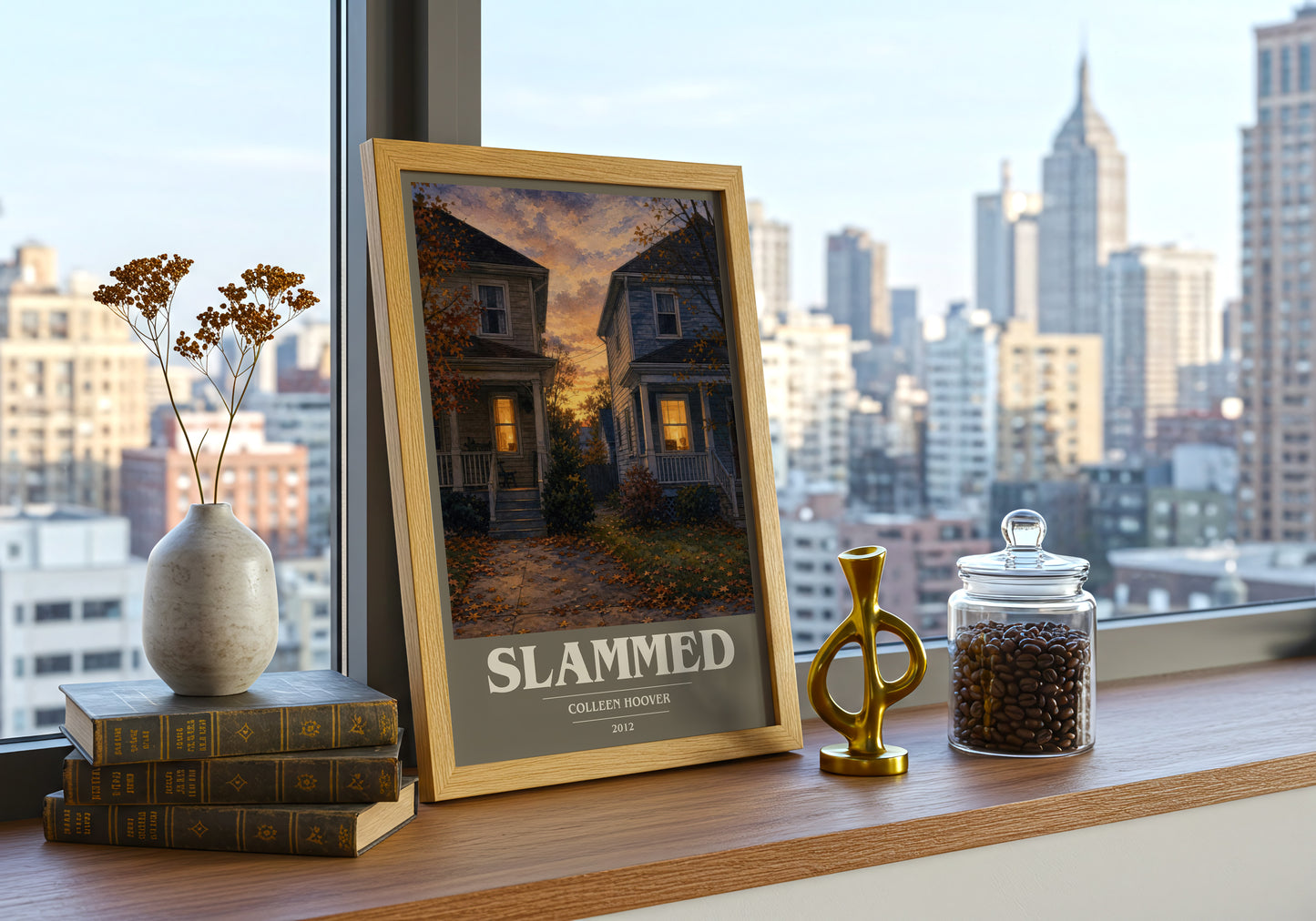 Slammed book cover print framed by window – literary home decor