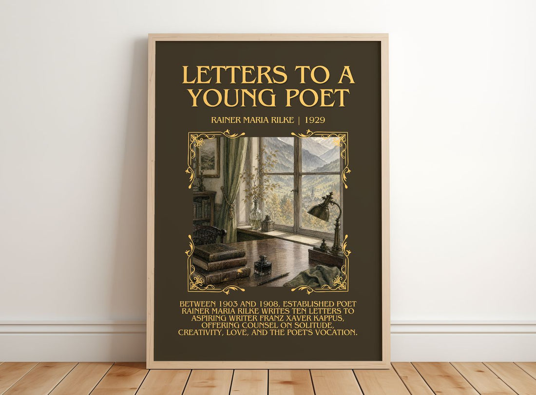 Letters to a Young Poet Minimalist Book Poster by Rainer Maria Rilke – framed print leaning on a wooden floor