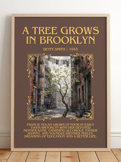 A Tree Grows in Brooklyn Minimalist Book Poster by Betty Smith – framed print leaning on a wooden floor