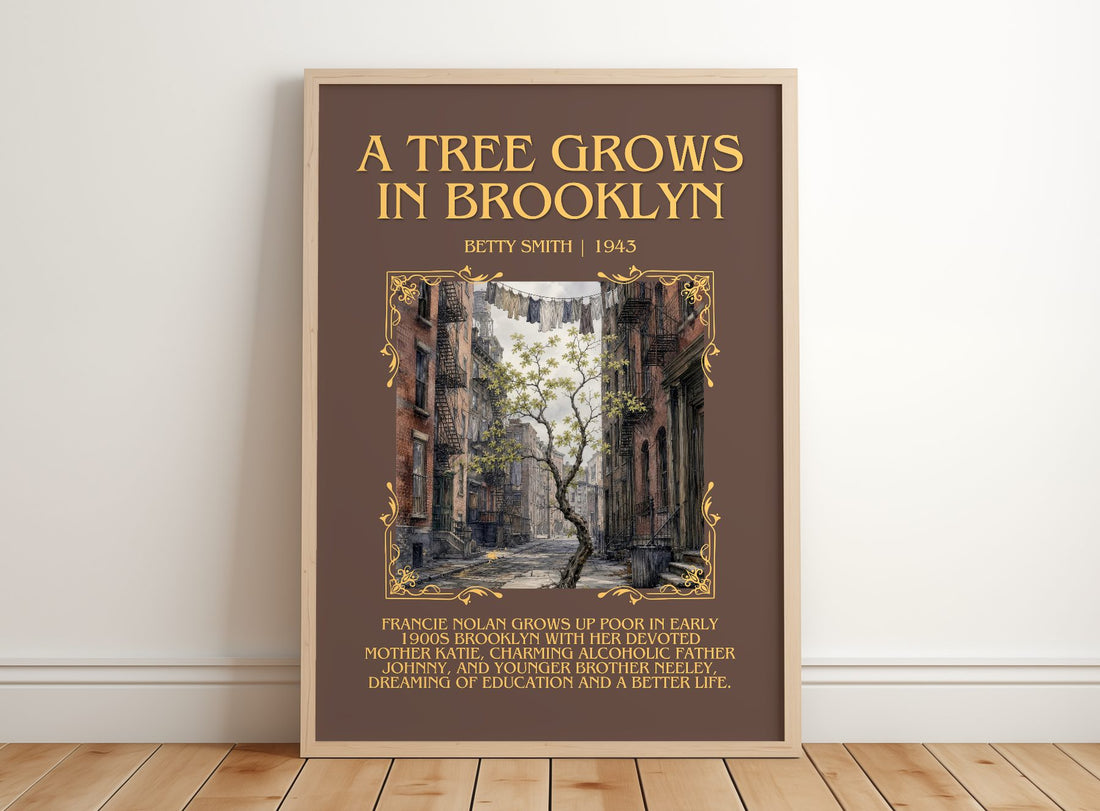 A Tree Grows in Brooklyn Minimalist Book Poster by Betty Smith – framed print leaning on a wooden floor