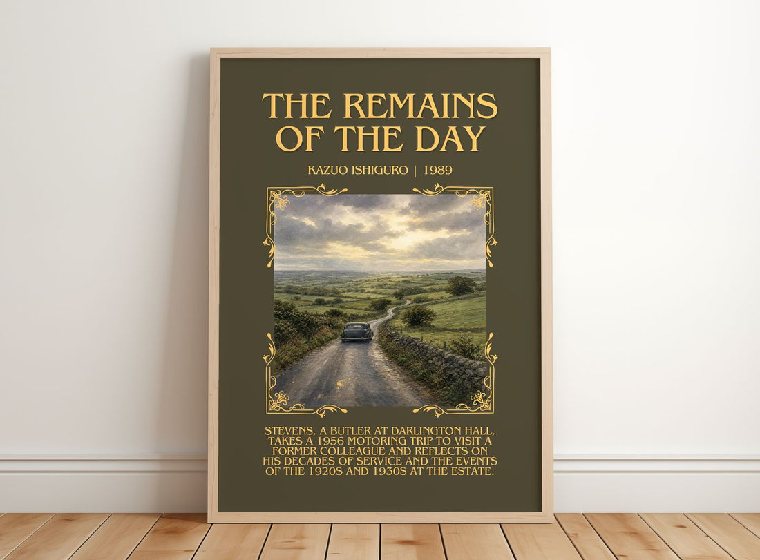 The Remains of the Day Minimalist Book Poster by Kazuo Ishiguro – framed print leaning on a wooden floor