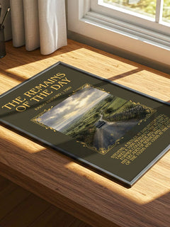 The Remains of the Day Minimalist Book Poster by Kazuo Ishiguro – print on a sunlit desk