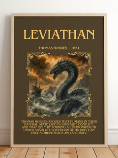 Leviathan Minimalist Book Poster by Thomas Hobbes – framed print leaning on a wooden floor