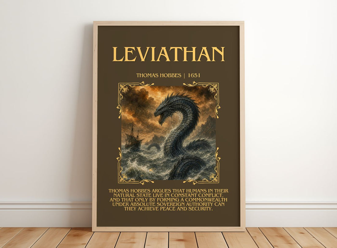 Leviathan Minimalist Book Poster by Thomas Hobbes – framed print leaning on a wooden floor