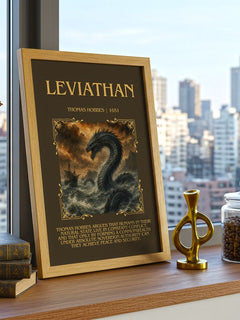 Leviathan Minimalist Book Poster by Thomas Hobbes – framed print on a city-view windowsill