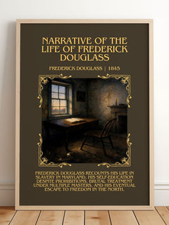 Narrative of the Life of Frederick Douglass Minimalist Book Poster by Frederick Douglass – framed print leaning on a wooden floor