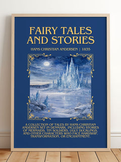 Fairy Tales and Stories Minimalist Book Poster by H. Andersen – framed print leaning on a wooden floor