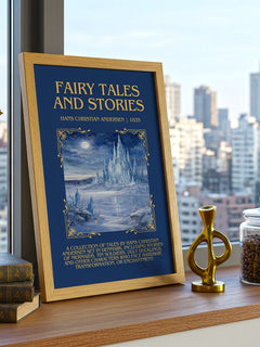 Fairy Tales and Stories Minimalist Book Poster by H. Andersen – framed print on a city-view windowsill
