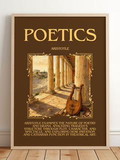 Poetics Minimalist Book Poster by Aristotle – framed print leaning on a wooden floor