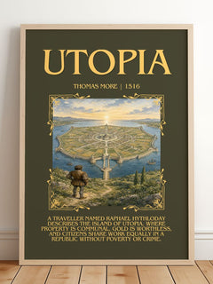 Utopia Minimalist Book Poster by Thomas More – framed print leaning on a wooden floor