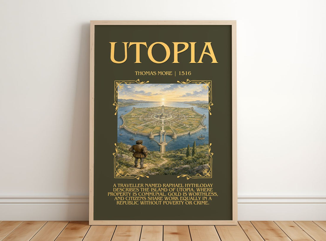 Utopia Minimalist Book Poster by Thomas More – framed print leaning on a wooden floor