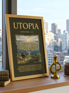 Utopia Minimalist Book Poster by Thomas More – framed print on a city-view windowsill