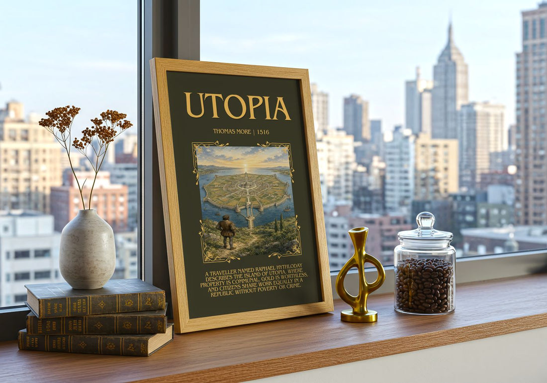 Utopia Minimalist Book Poster by Thomas More – framed print on a city-view windowsill