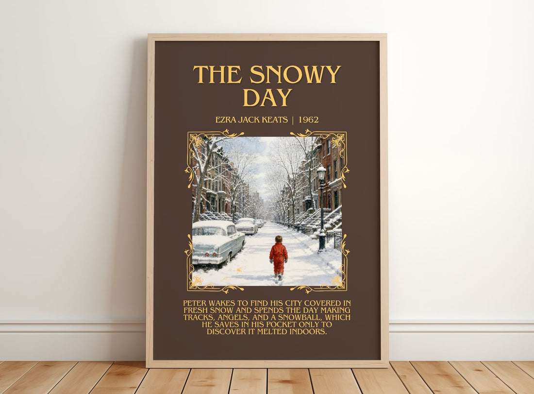 The Snowy Day Minimalist Book Poster by Ezra Jack Keats – framed print leaning on a wooden floor