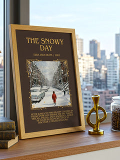 The Snowy Day Minimalist Book Poster by Ezra Jack Keats – framed print on a city-view windowsill