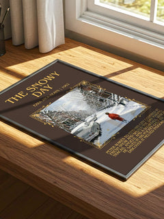 The Snowy Day Minimalist Book Poster by Ezra Jack Keats – print on a sunlit desk