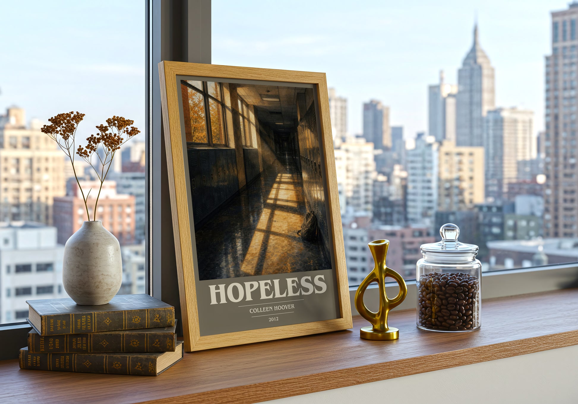 Hopeless book cover print framed by window – literary home decor