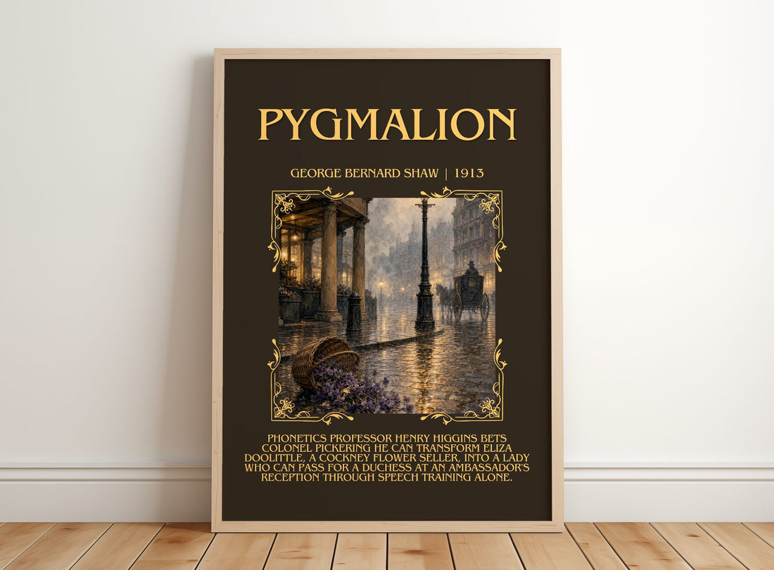 Pygmalion Minimalist Book Poster by George Bernard Shaw – framed print leaning on a wooden floor