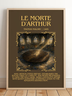 Le Morte d'Arthur Minimalist Book Poster by Thomas Malory – framed print leaning on a wooden floor