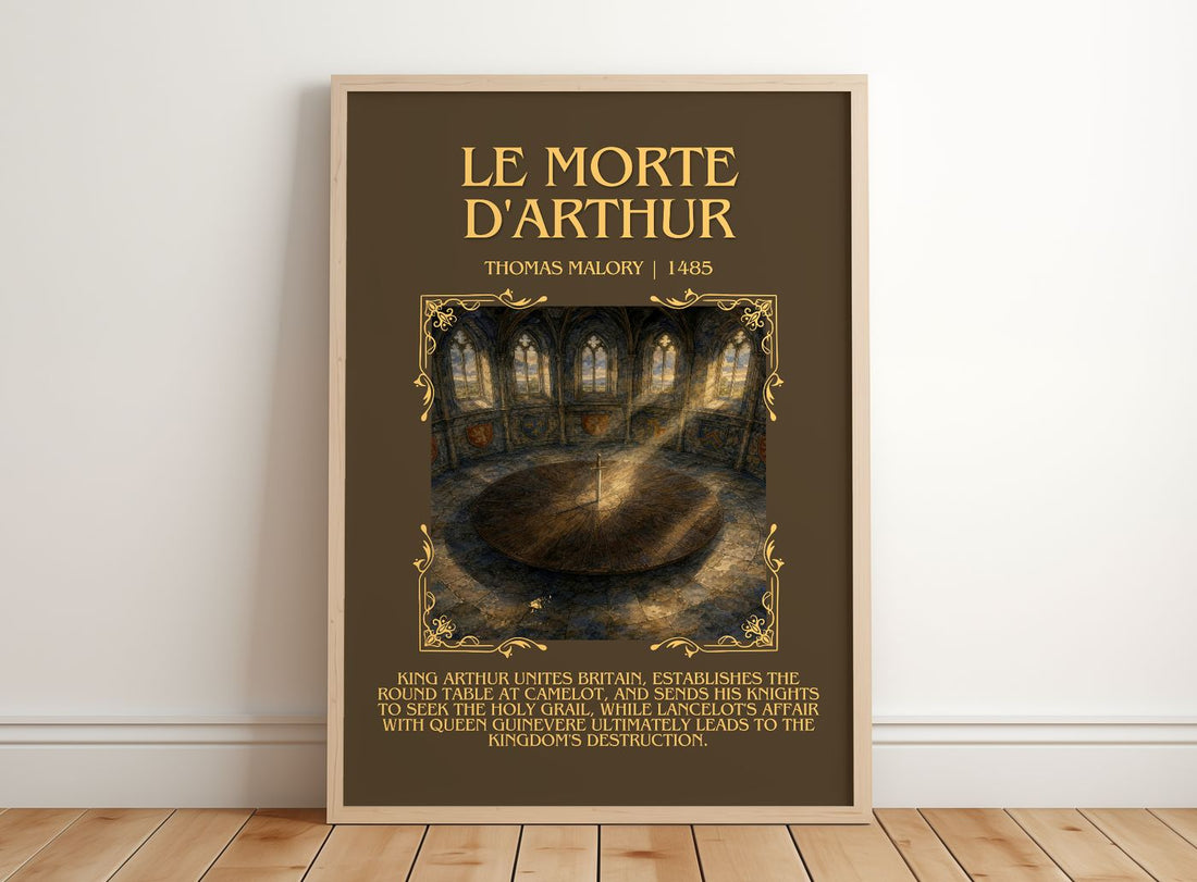 Le Morte d'Arthur Minimalist Book Poster by Thomas Malory – framed print leaning on a wooden floor