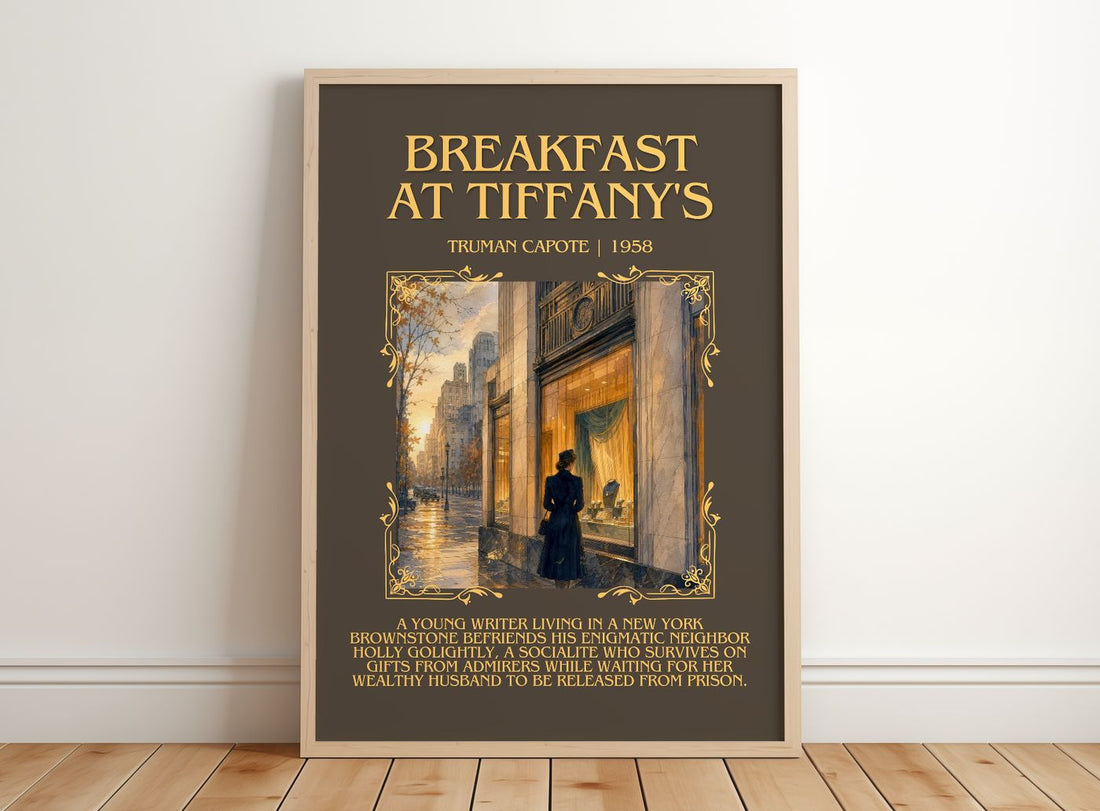 Breakfast at Tiffany's Minimalist Book Poster by Truman Capote – framed print leaning on a wooden floor