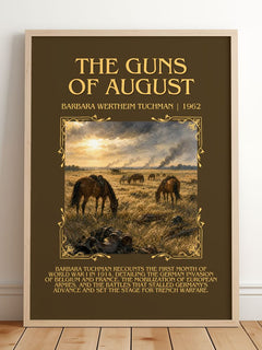 The Guns of August Minimalist Book Poster by Barbara Wertheim Tuchman – framed print leaning on a wooden floor