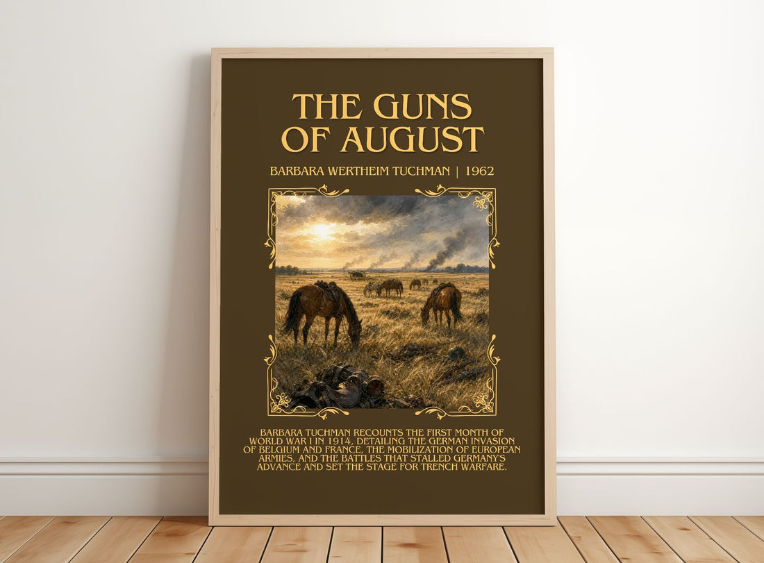 The Guns of August Minimalist Book Poster by Barbara Wertheim Tuchman – framed print leaning on a wooden floor