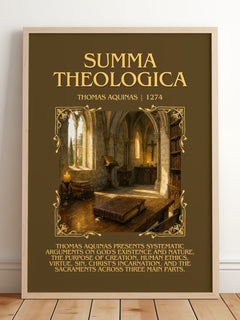Summa Theologica Minimalist Book Poster by Thomas Aquinas – framed print leaning on a wooden floor