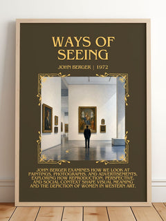 Ways Of Seeing Minimalist Book Poster by John Berger – framed print leaning on a wooden floor