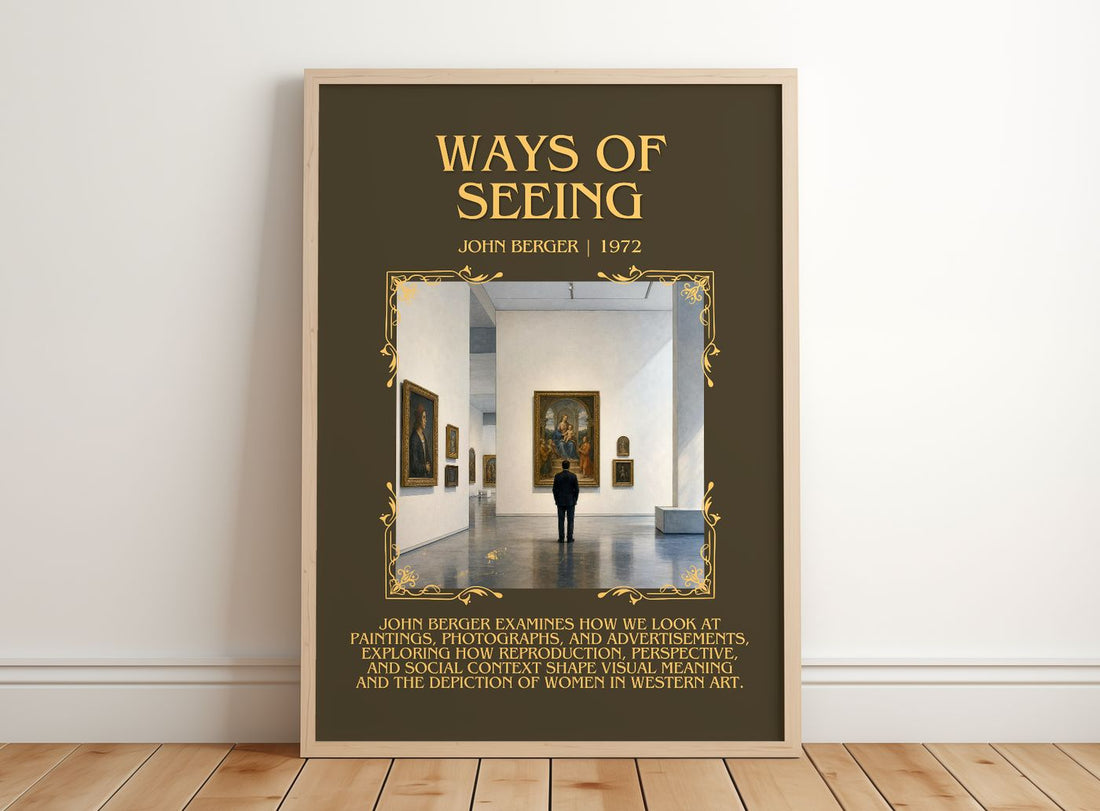 Ways Of Seeing Minimalist Book Poster by John Berger – framed print leaning on a wooden floor
